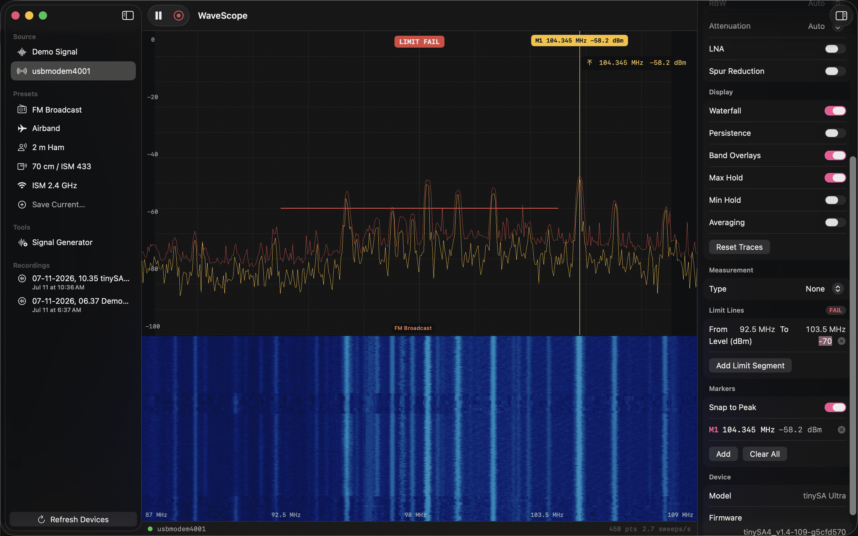 WaveScope showing a failed limit line measurement