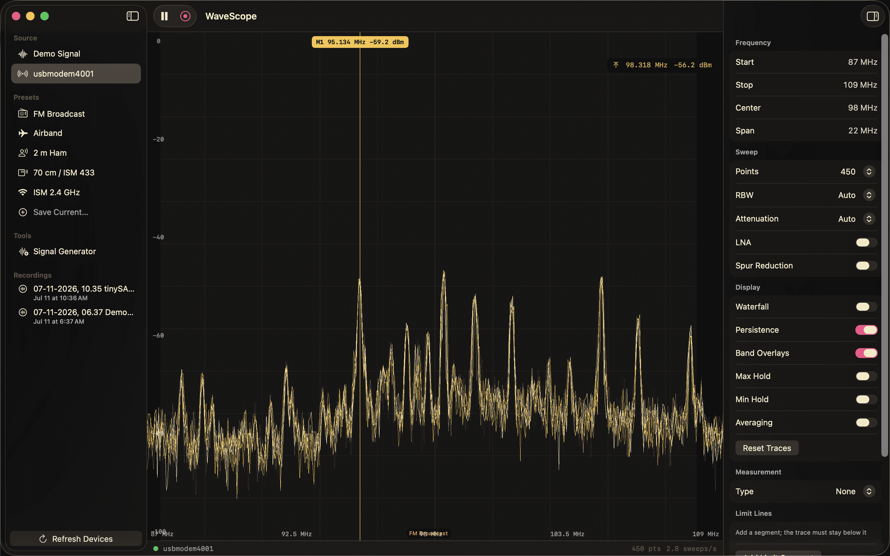 WaveScope persistence view showing a live RF spectrum trace