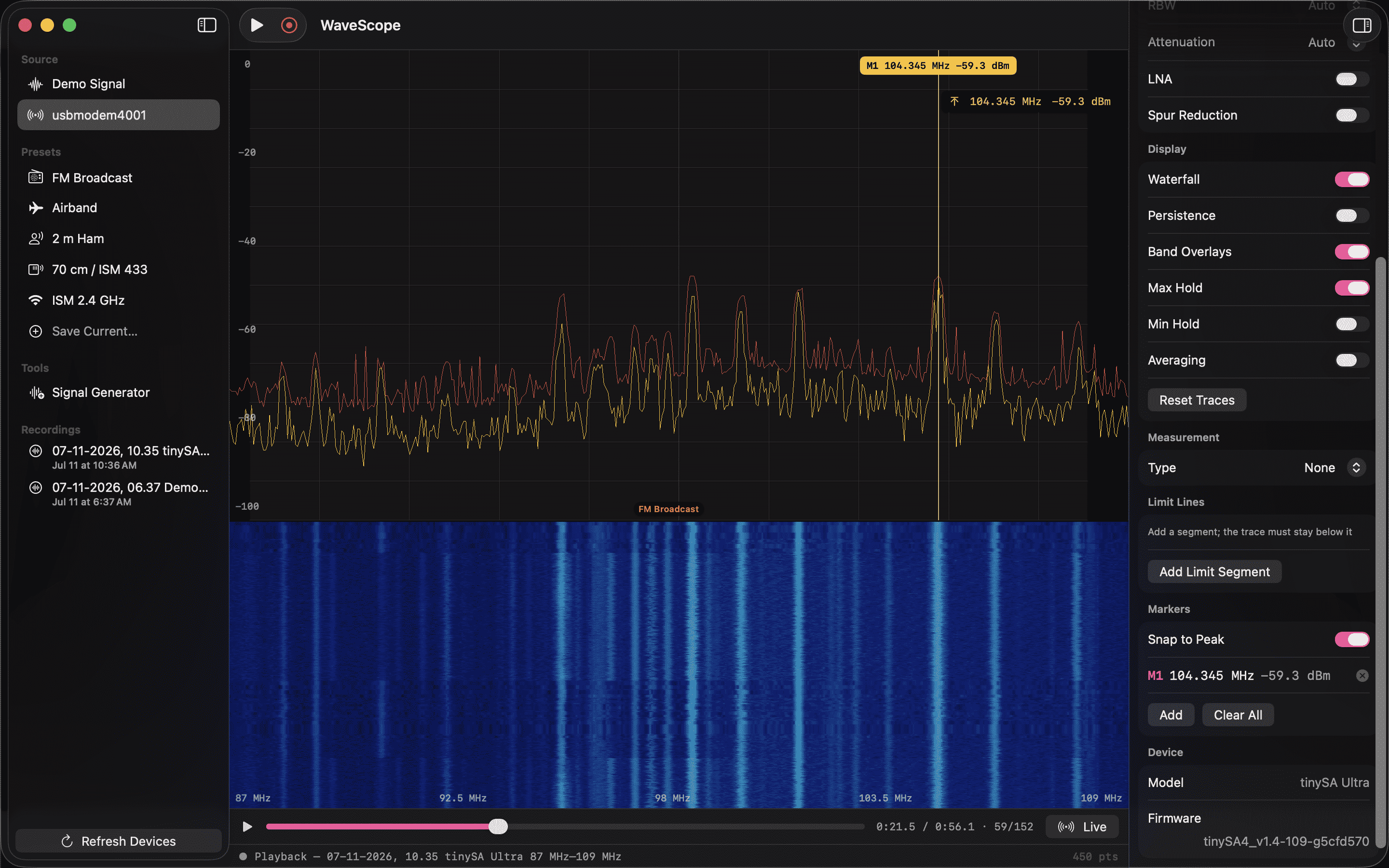 WaveScope playback mode with FM broadcast spectrum and waterfall