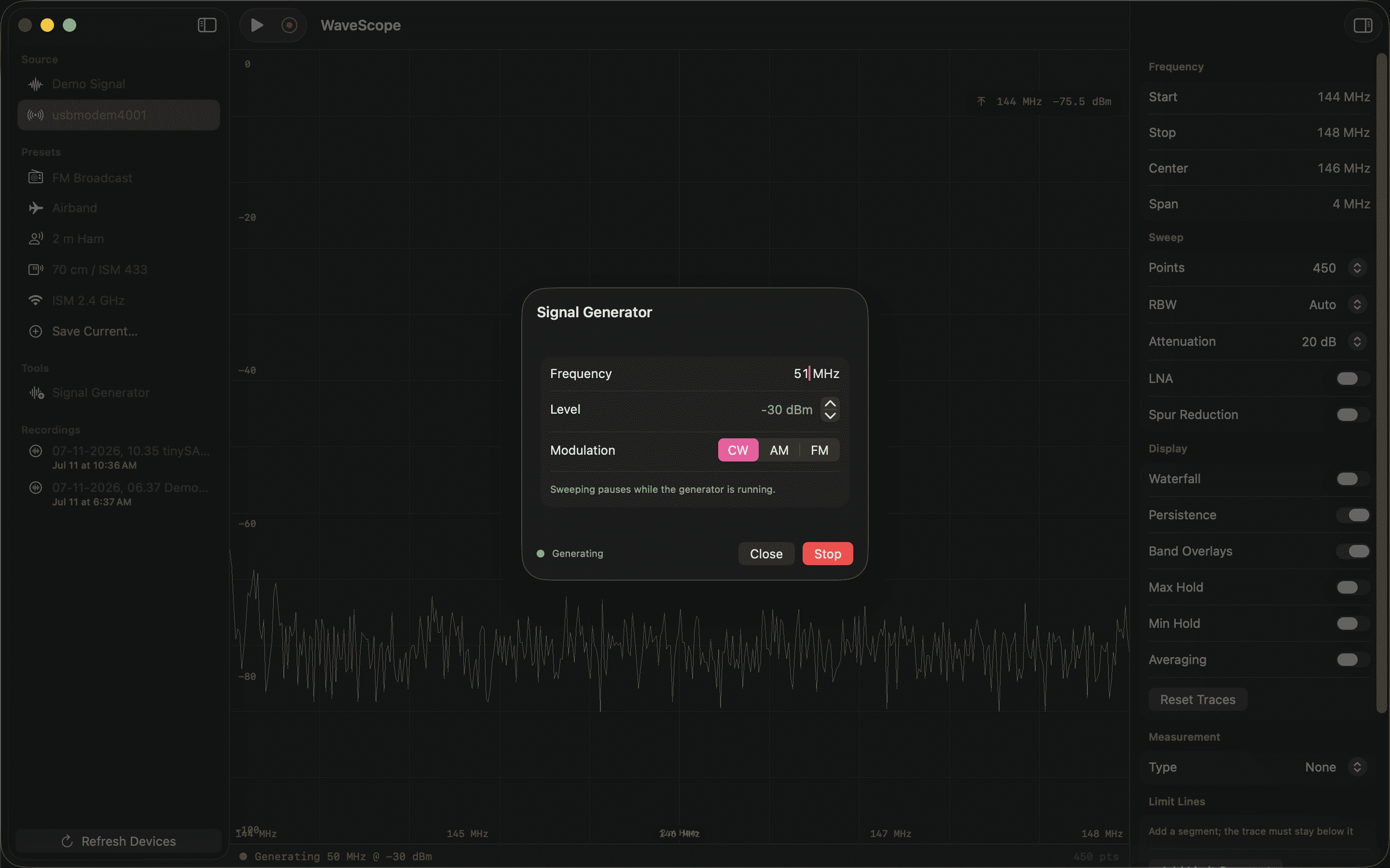 WaveScope signal generator controls on macOS