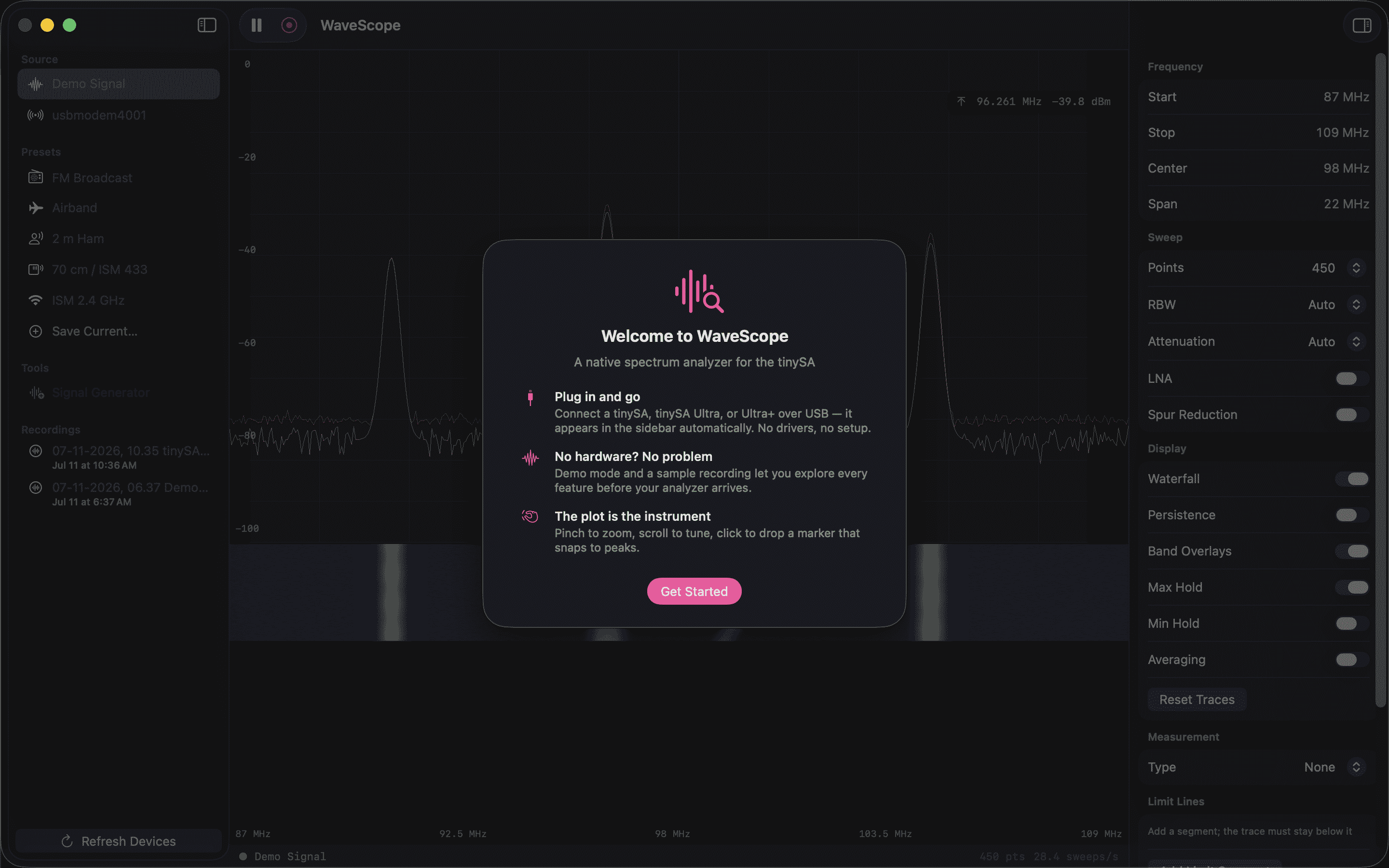 WaveScope welcome screen explaining plug in and go